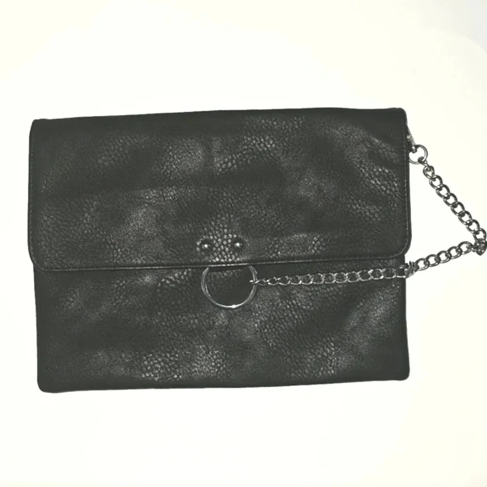 Silver O Ring chain black vegan leather clutch